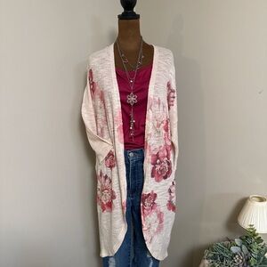 Elegant Floral Cardigan Sweater - Cream and Pink